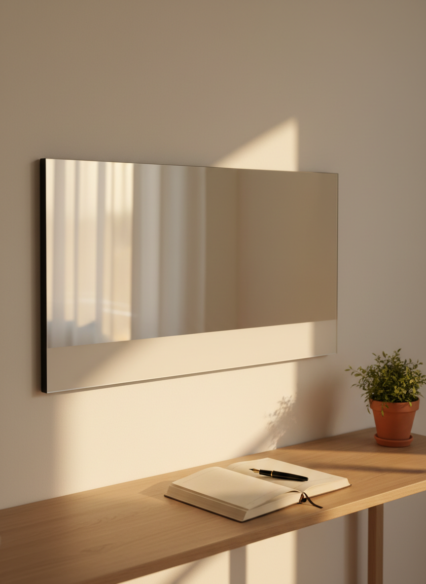 A frameless rectangular wall mirror with a slightly fogged lower edge, its surface reflecting a softly lit, uncluttered desk with an open linen-bound journal and a single fountain pen resting diagonally across blank pages. The mirror hangs above a light oak console against a matte, warm white wall, with a small, leafy plant in a clay pot positioned off to one side. Late afternoon natural light filters in from an unseen window, casting gentle, elongated shadows and a calm, golden glow. Photographic realism, shot at eye level with a shallow depth of field that keeps the mirror’s reflection in sharp focus while allowing the room’s edges to blur, creating a quiet, introspective, professional atmosphere.