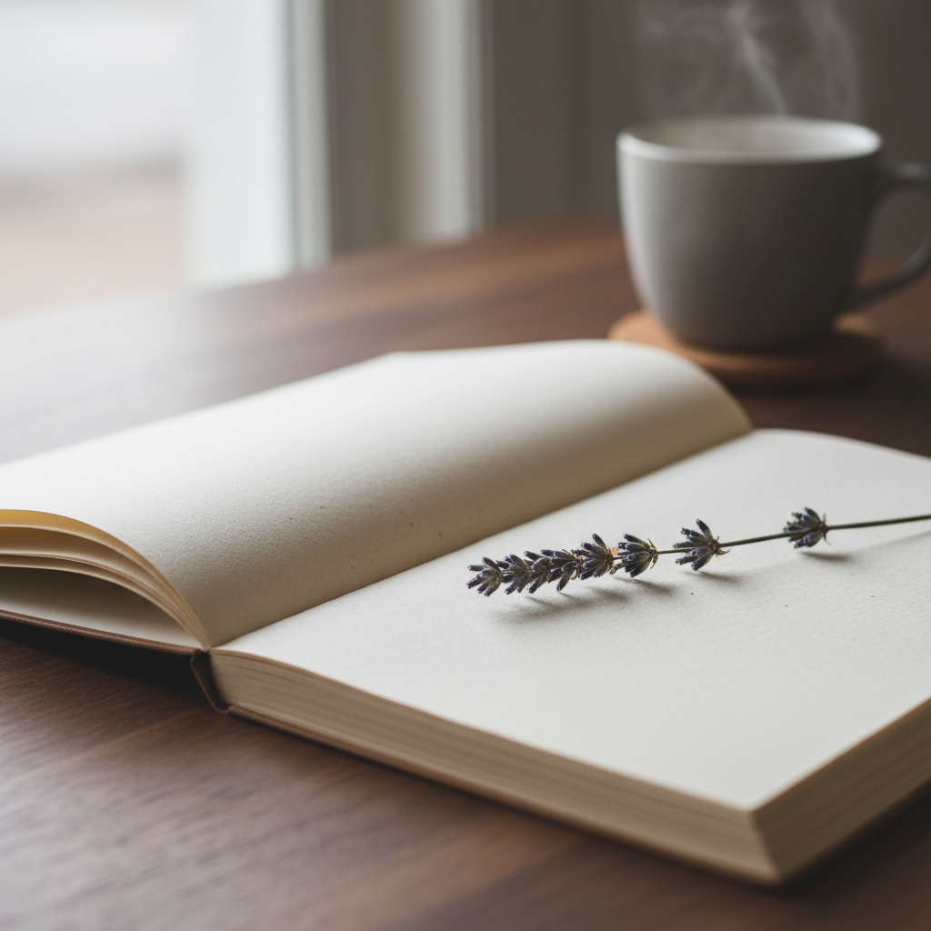 A close-up of an open journal with thick, off-white paper, pages slightly curved and textured, lying on a dark walnut table. A delicate sprig of dried lavender rests across the center fold, its muted purple buds contrasting with the creamy paper. In the background, out of focus, a ceramic mug in a soft, matte stone gray sits on a cork coaster, with faint steam rising. Overcast window light spills in from the left, creating a gentle, even illumination and subtle shadows along the page edges. Photographic realism with a shallow depth of field, composed using the rule of thirds, evoking a warm, contemplative, quietly professional mood of intimate self-reflection.
