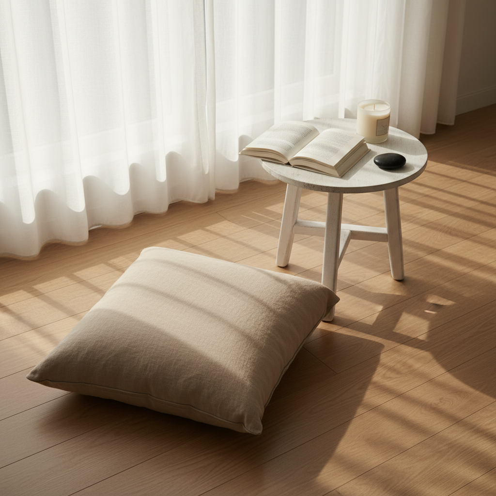 A minimalist corner of a room featuring a low, sand-colored linen floor cushion placed on light oak boards, beside a small, round, whitewashed wood side table. On the table rests a single, open hardcover book with a cream dust jacket, a smooth, unlit soy candle in a frosted glass container, and a polished black river stone. Soft, early-morning light filters through sheer, off-white curtains, creating delicate patterns on the floor and a tranquil glow around the objects. Photographic realism, captured from a slightly elevated, wide-angle perspective that keeps everything in clear focus, emphasizing spaciousness, quiet, and an inviting sense of turning inward without distractions.