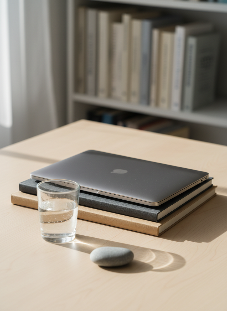 A neat stack of three textured notebooks—one kraft brown, one deep charcoal, one muted sage—resting on a smooth, pale wooden table. On top lies a closed, silver laptop with a soft-brushed finish, its lid catching diffused morning light from a nearby window. Beside the stack sits a clear glass of water with tiny condensation beads, and a single smooth river stone placed intentionally near the edge. The background fades into a gently blurred bookshelf filled with neutral-toned spines. Photographic realism, captured from a slightly elevated angle with soft, natural side lighting that creates calm, minimal shadows, conveying a grounded, reflective workspace suited for thoughtful inner journey writing.
